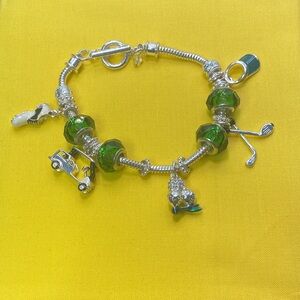 Elegant Silver and Green Golf Theme Slide Charm Bracelet